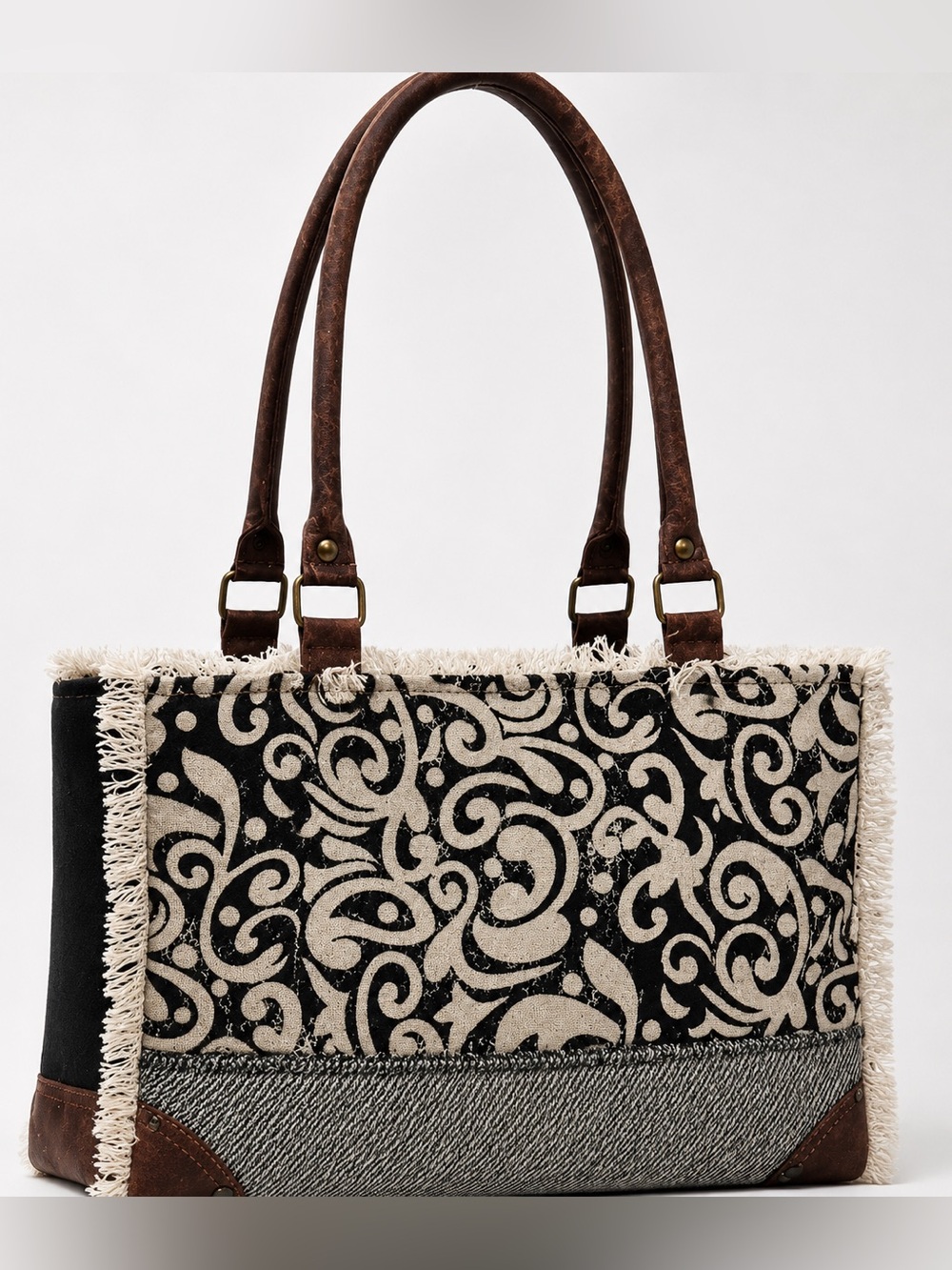 Myra Bag Multi-Tone Scroll-Fringe Tote with Brown Handles